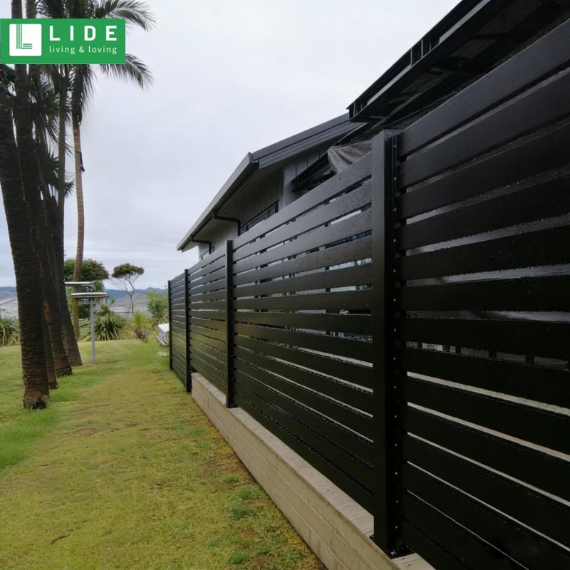 Black horizontal slat aluminum fence