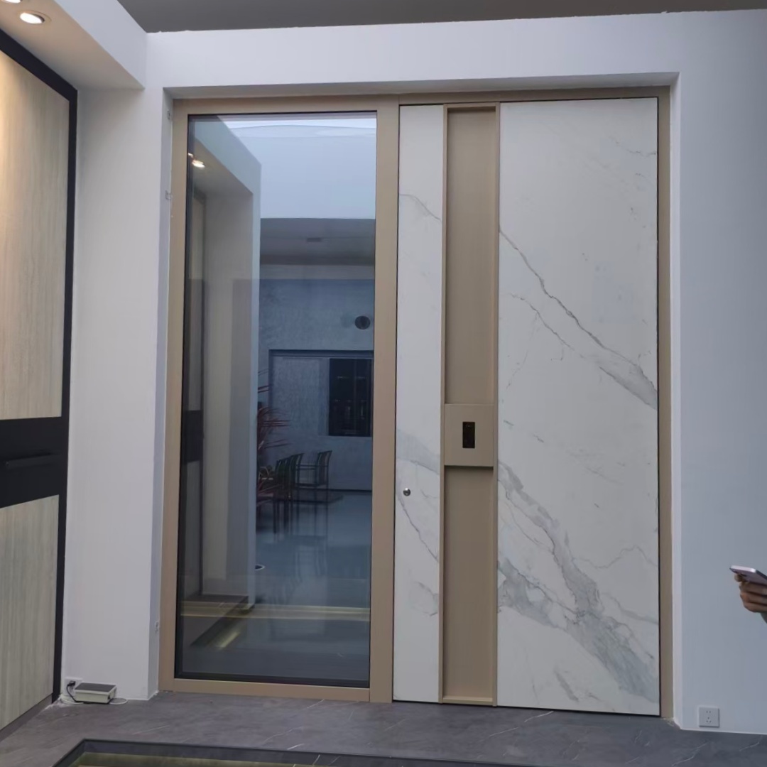 Main entry door — LD-AU04 Aluminum frame marble stone like Painting Pivot Doors